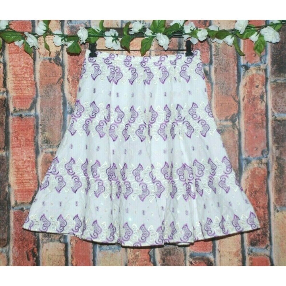 NWT WDNY White & Purple Embroidered Skirt Size 4 Sequin A-Line Gypsy Playful
